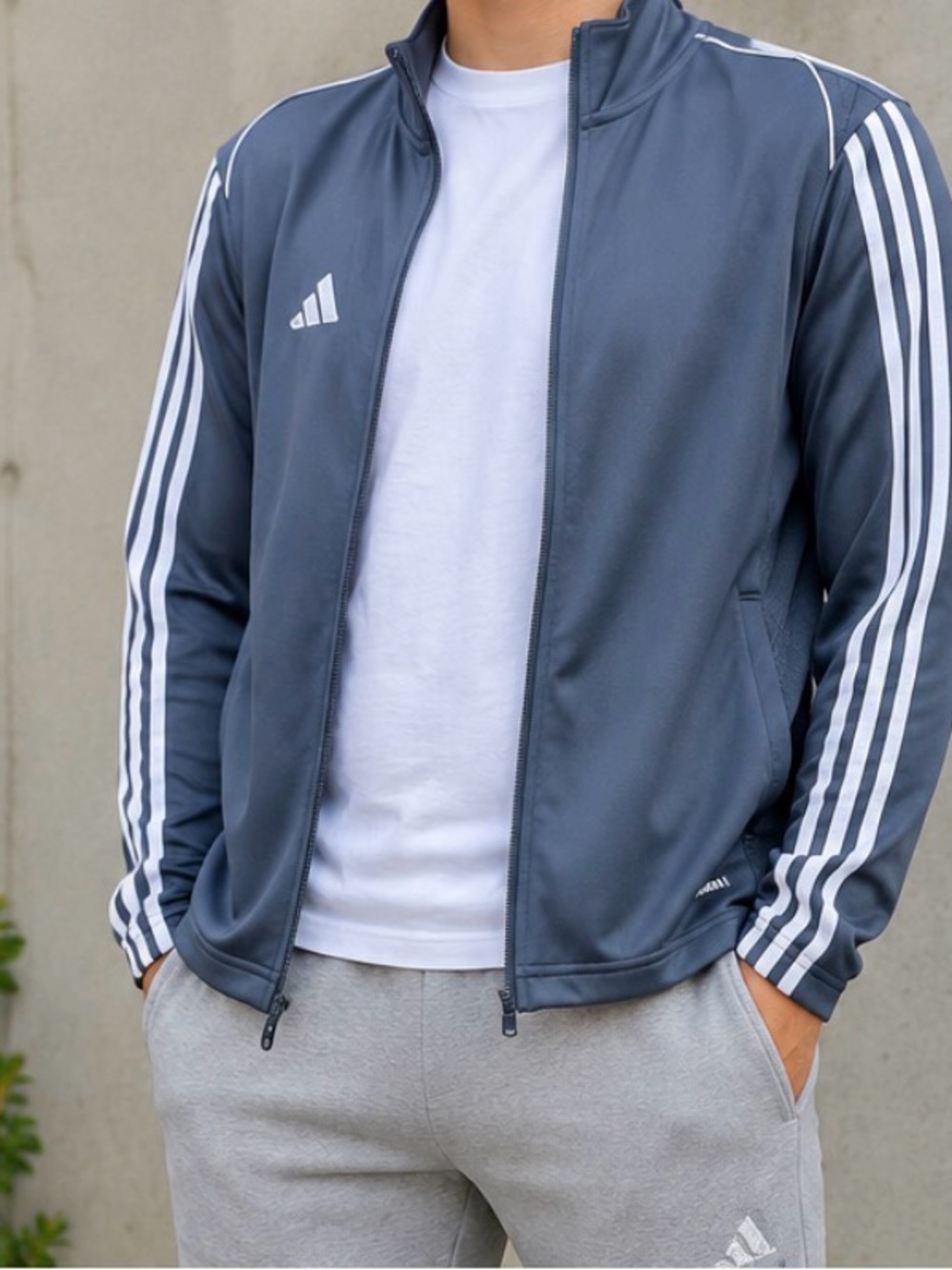 Adidas Slim Fit Blue-Gray Track Jacket with White Three-Stripes